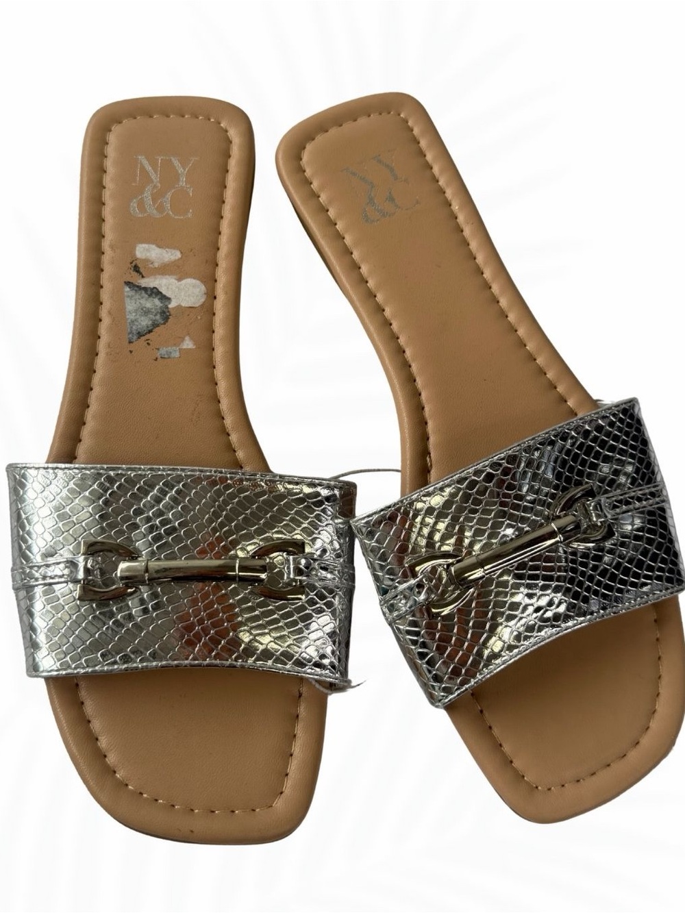 NY&C Silver Metallic Snakeskin Horsebit Slide Sandals Size 7
